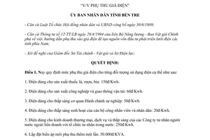 Quyết định 406/QĐ-UB 1994 phụ thu giá điện Bến Tre
