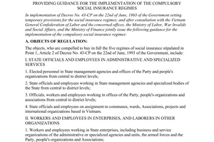 Joint circular No.21-LB/TT, providing guidance for the implementation of the compulsory social insurance regimes, promulgated by the Ministry of Finance, the Ministry of Labor, War Invalids and Social Affairs.