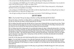 Quyết định 1957/QĐ-UB-QLĐT năm 1994 Bộ đơn giá xây dựng khu vực thống nhất