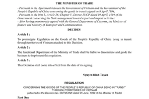 Decision No. 08/TM-XNK concerning the goods of the People's Republic of China