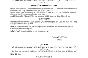 Quyết định  08/TM-XNK  hàng hóa của nhân dân Trung Hoa quá cảnh lãnh thổ Việt Nam