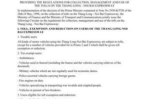 Joint circular No.59-TT/LB providing the regulations for collection, management and use of the tolls on the Thang Long - Noi Bai expressway, promulgated by the Ministry of Finance and the Ministry of Transportation.