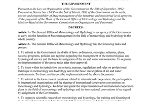 Decree of Government No.62-CP, on the tasks, powers and organizational structure of the apparatus of the General Office of Meteorology and Hydrology.