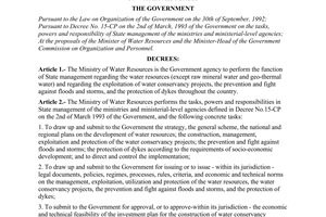 Decree of Government No.63-CP, on the tasks, powers and organizational apparatus of the Ministry of Water Resources