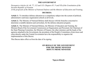 Decree of Government No.71-CP on defense education in the system of political, administrative and mass organization schools.