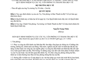 Quyết định  589-BYT/QĐ  quy định nhiệm vụ các vụ, văn phòng và thanh tra Bộ Y tế