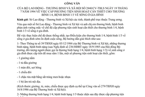 Công văn 2840/CV-TBLS cấp phương tiện sinh hoạt cần thiết cho thương binh 1/4, bệnh binh 1/3 về sống ở gia đình