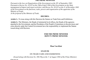 Decision No.390-TTg, on the issuance of the statute on trade fairs and exhibitions, promulgated by the Prime Minister of Government.