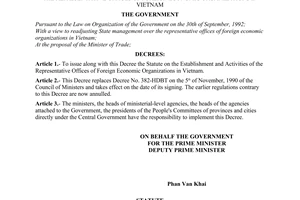 Decree of Government No.82-CP, promulgating the statute on the establishment and activities of the Representative Offices of foreign economic organizations in Vietnam.