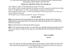 Quyết định  89/TCHQ-QĐ  bản Quy định thủ tục Hải quan đối với hàng hóa nhập khẩu được phép chuyển tiếp