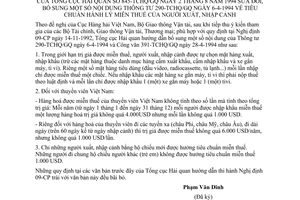 Thông tư 845-TCHQ/GQ tiêu chuẩn hành lý miễn thuế người xuất, nhập cảnh