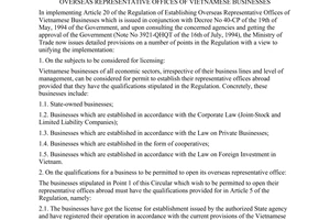 Circular no. 10-TM/PC of August 04, 1994 guiding the implementation of the regulation on establishing overseas representative offices of vietnamese businesses  promulgated by the ministry of trade