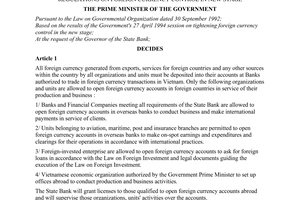 Decision No. 396-TTg of August 04, 1994, on amendments and supplements to a number of points in regulations on foreign currency control in new stage.