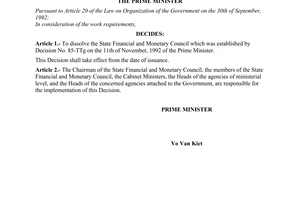 Decision no. 404-TTg of August 06, 1994 on dissolving the state financial and monetary council promulgated by the Prime minister of government