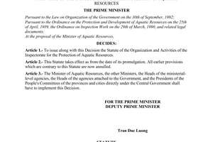Decision no. 415-TTg of August 10, 1994 on the promulgation of the statute of the organization and activities of the inspectorate for the protection of aquatic resources promulgated by the prime minister of government