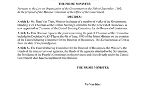 Decision no. 423-TTg of August 15, 1994 on the change of the chairman of the central steering committee for the renewal of businesses promulgated by the prime minister of government