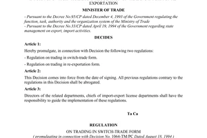 Decision No. 1064-TM/PC promulgating the regulation on trading inform of switch