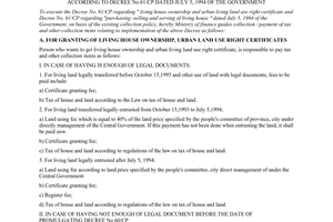 Circular No. 70/TC-TCT of August 18, 1994, guiding the implementation of budget collection items from the granting of living houses ownership, urban land use right certificates according to Decree No. 60/CP dated July 5, 1994 and purchasing-selling and serving of living house according to Decree No.61/CP dated July 5, 1994 of The Government.
