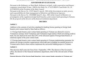 Decision No. 174/QD-NH5 of August 26, 1994, on amendment, addition to contents of scope of activities of foreign bank branch, joint - venture bank operating in Vietnam.