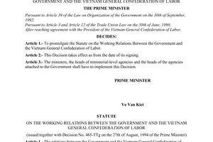 Decision no. 465-TTg of August 27, 1994 Promulgating the statute on the working relations between the government and the vietnam general confederation of labor promulgated by the Government
