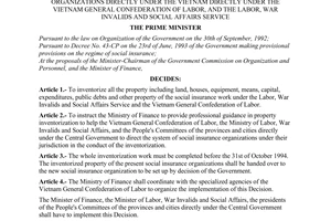 Decision no. 472-TTg of August 31, 1994 on the inventorization of the property of the social insurance organizations directly under the vietnam directly under the vietnam general confederation of labor, and the labor, war invalids and social affairs service promulgated by The prime minister of government