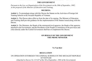 Decree no. 115-CP of September 05, 1994 on promulgating the statute on the activities of foreign job training schools in the socialist republic of vietnam promulgated by the Government