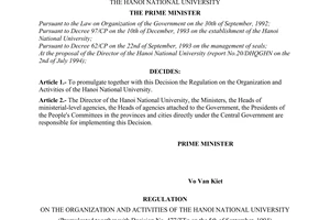 Decision no. 477-TTg of September 05, 1994 promulgating the regulation on the organization and activities of the hanoi national university promulgated by the Prime minister of government