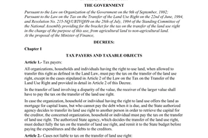Decree no. 114-CP of September 05, 1994 detailing the implementation of the law on the tax on the transfer of the land use right promulgated by the Government