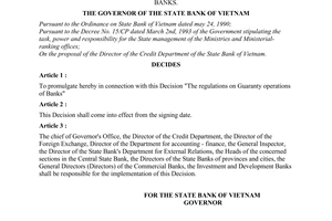 Decision No. 196/QD-NH14 1994 on the promulgation of regulation on guaranty operations of banks