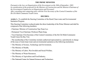 Decision No.516-TTg, on establishing the Steering Committee for rural clean water and environmental sanitation Program, promulgated by the Prime Minister of Government.