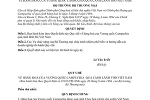 Quyết định  01162/TM-XNK  hàng hóa của Vương quốc Campuchia quá cảnh lãnh thổ Việt Nam