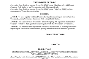 Decision no. 1172-TM/XNK of September 22, 1994 to issue the regulations of export-import activities consigned among vietnamese businesses with a legal entity status promulgated by the ministry of trade