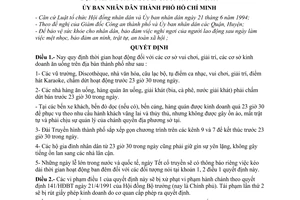 Quyết định  3131/QĐ-UB-NCVX các điểm vui chơi, giải trí, hàng quán ăn uống chấm dứt hoạt động kinh doanh lúc 23 giờ 30 trong ngày