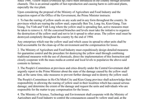 Instruction No.528-TTg, banning the rearing and ordering the destruction of yellow snails, promulgated by the Prime Minister of Government.
