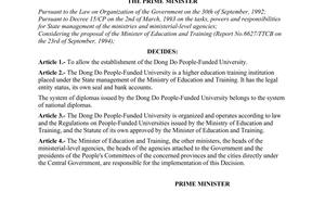 Decision no. 534-TTg of October 03, 1994 on the establishment of the dong do people-funded university promulgated by the Prime minister of government