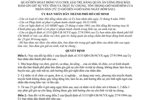 Quyết định 3364/QĐ-UB-NCVX sửa đổi Quyết định 3131/QĐ-UB-NCVX năm 1994 hoạt động vui chơi giải trí, hàng quán ăn uống phải bảo đảm sự yên tĩnh trật tự