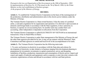 Decision no. 562-TTg of October 10, 1994 by on the establishment of the vietnam electric corporation promulgated by the Prime minister of government