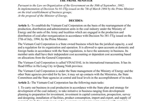 Decision No.563-TTg, on the establishment of the Vietnam coal corporation, promulgated by the Prime Minister of Government.