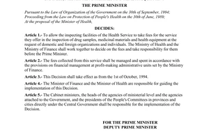 Decision No.600-TTg, allowing the Health service to take fees on inspecting drug samples, medicinal materials and health equipment, promulgated by the Prime Minister of Government.