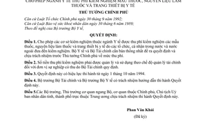 Quyết định 600-TTg  cho phép ngành Y tế thu phí kiểm nghiệm mẫu thuốc, nguyên liệu làm thuốc và trang thiết bị y tế