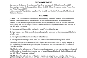 Decree no. 176-CP of October 20, 1994 on implementation of the ordinance on state-honorific title "hero vietnamese mother" promulgated by the government