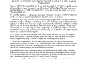 Chỉ thị 19/CT-UB 1994 quản lý ngoại tệ theo 396/TTg Bến Tre