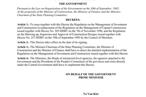 Decree no. 177-CP of October 20, 1994 on the promulgation of the regulation on the management of investment and construction promulgated by the government