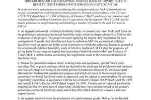 Circular No. 90/TC-TCT of November 04, 1994, supplementing Circular 47/TC-TCT dated June o1, 1994 guiding procedures for the exemption and pay back of import duty in respect fenterprises with foreign invested capital.