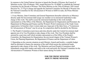 Instruction no. 646-TTg of November 07, 1994 on organizing activities for the advancement of women in ministries, branches and localities promulgated by The Prime Minister of Government