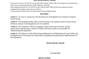 Decision No.1343-TM/PC, promulgated by the Ministry of Trade, issuing the Regulation for expertise of import-export goods.