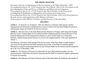 Decision No.654-TTg, promulgated by the Prime Minister of Government, on the allocation of State funds and low-interest credits for development investment by the Ministry of Finance.