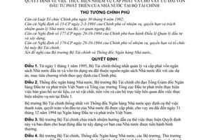 Quyết định  654-TTg  thực hiện nhiệm vụ cấp phát và cho vay ưu đãi vốn đầu tư phát triển của Nhà nước tại Bộ Tài chính