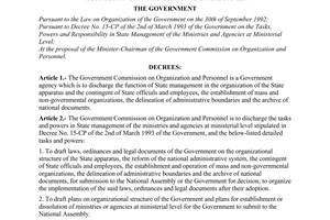 Decree no. 181-CP of November 09,  1994 on the functions, tasks, powers and organization of the government commission on organization and personnel promulgated by The Government