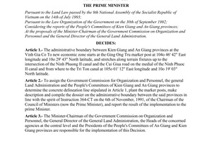 Decision no. 669-TTg on delineating the administrative boundary between kien giang and an giang provinces promulgated by The Prime Minister of Government